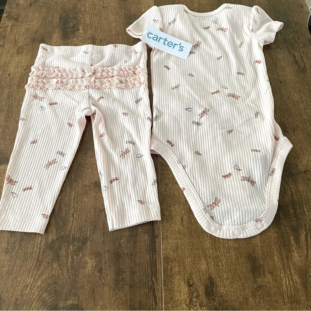 NWT Carter's Light Pink 2 Pieces 6 M Baby Outfit Butterfly / Dragonfly Accents